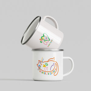 kubek emaliowany kot DOBRZE, ŻE JESTEŚ - kubek emaliowany - 300 ml, srebrna obwódka